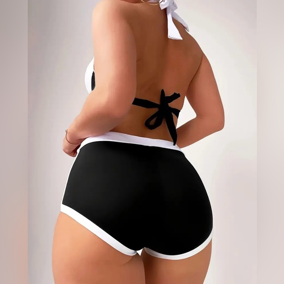 Black White Color Block Halter Push Up Bikini Set - Picture 2 of 8